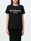 Balmain Black Crewneck T-shirt With Logo Print And Golden Buttons In Jersey Woman In Schwarz
