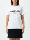 Balmain White Crewneck T-shirt With Logo Print And Golden Buttons In Jersey Woman In Weiss