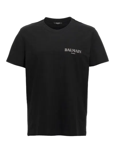 Balmain Black Crewneck T-shirt With Logo Print In Cotton Man