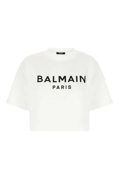Balmain Logo Printed Crewneck Cropped T In White