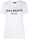 Balmain White Crewneck T-shirt With Logo Print And Golden Buttons In Jersey Woman In White