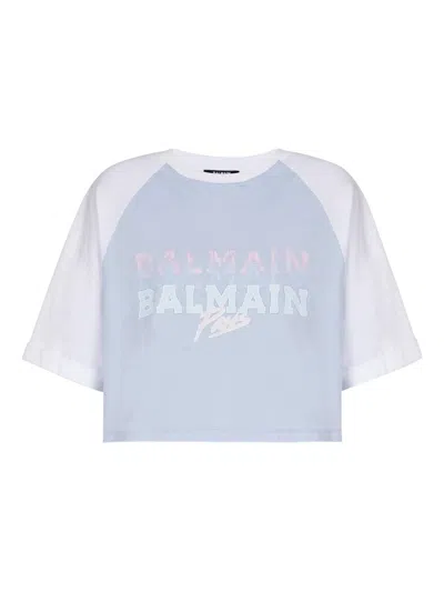 Balmain Paris Print Crew Neck Cropped T-shirt In Blue