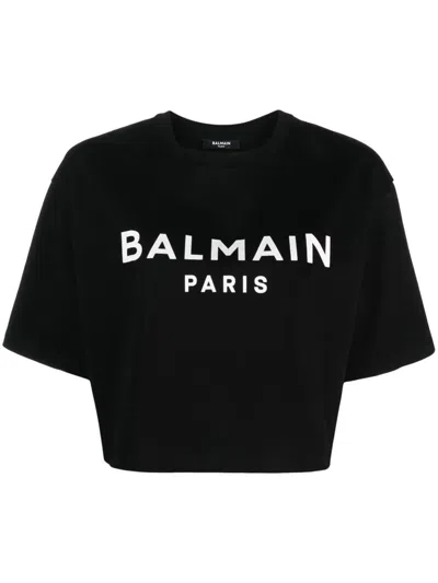 Balmain T-shirt Crop With Print In Black