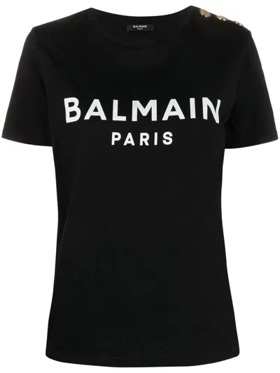 Balmain T-shirt In Cotone Con Logo Stampato Frontale E Bottoni In Nero