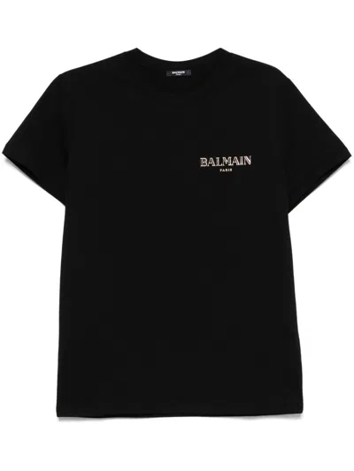 Balmain Black Crewneck T-shirt With Logo Print In Cotton Man