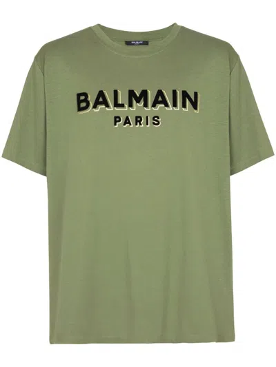 Balmain Logo植绒棉t恤 In Green