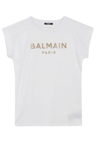 Balmain Kids' T Shirt In Or White Gold