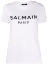 Balmain White Crewneck T-shirt With Logo Print And Golden Buttons In Jersey Woman In White