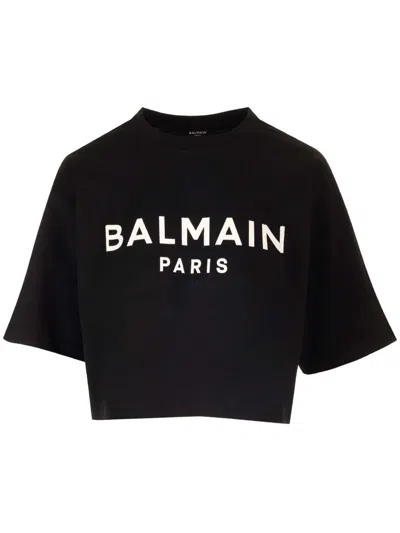 Balmain Cropped T-shirt With Print In Black
