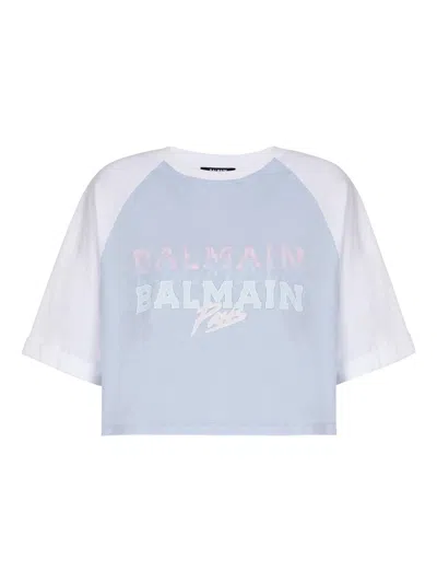Balmain Paris Print Crew Neck Cropped T-shirt In Blue