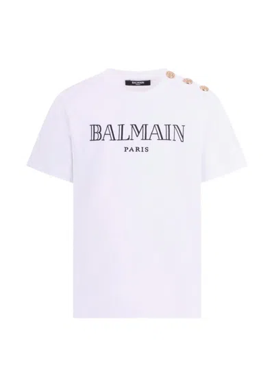 BALMAIN T-SHIRT WITH BUTTON DETAIL AND LOGO