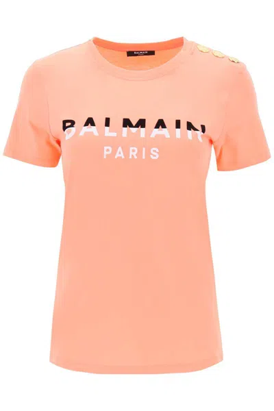 Balmain T-shirt With Flocked Print And Gold-tone Buttons In Rosa