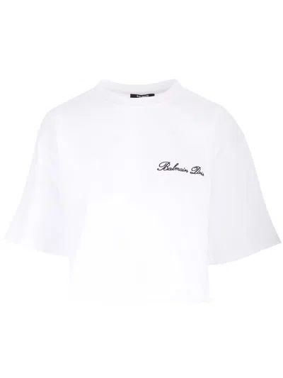 Balmain Signature Logo Cotton Crop T-shirt In Multicolor
