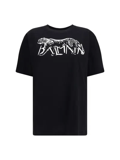 Balmain T-shirt With Leopard Print In Black