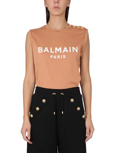 Balmain T-shirt With Logo In Beige