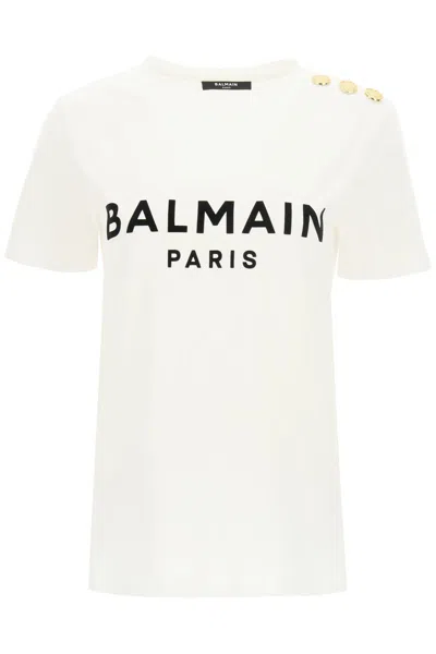 BALMAIN T-SHIRT WITH LOGO PRINT AND EMBOSSED BUTTONS