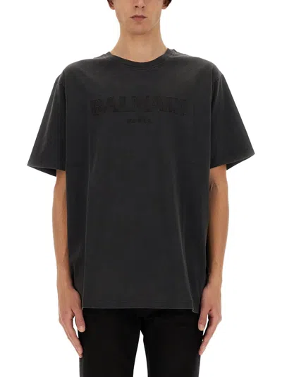 Balmain T-shirt With Logo In Ygd Gris/gris