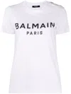 Balmain White Crewneck T-shirt With Logo Print And Golden Buttons In Jersey Woman In White