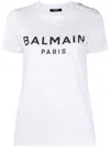 Balmain White Crewneck T-shirt With Logo Print And Golden Buttons In Jersey Woman In White