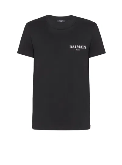 Balmain Black Crewneck T-shirt With Logo Print In Cotton Man