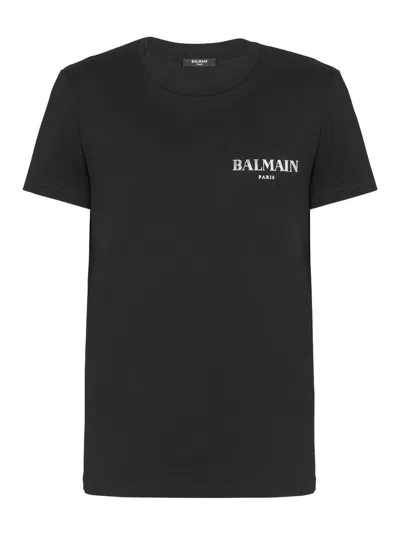 Balmain Black Crewneck T-shirt With Logo Print In Cotton Man