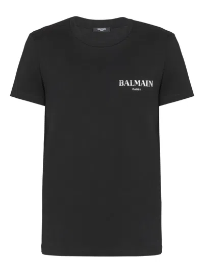 Balmain Black Crewneck T-shirt With Logo Print In Cotton Man