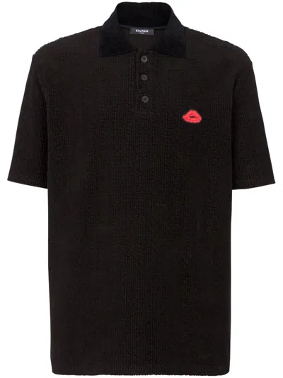 Balmain Lip Motif Collared Polo Shirt In Black