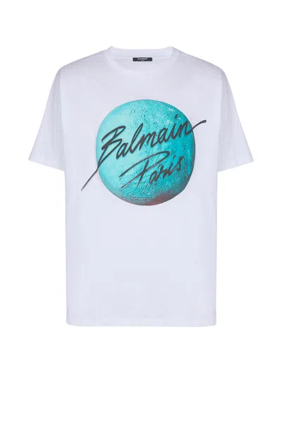Balmain Paris Logo And Planet T-shirt In White