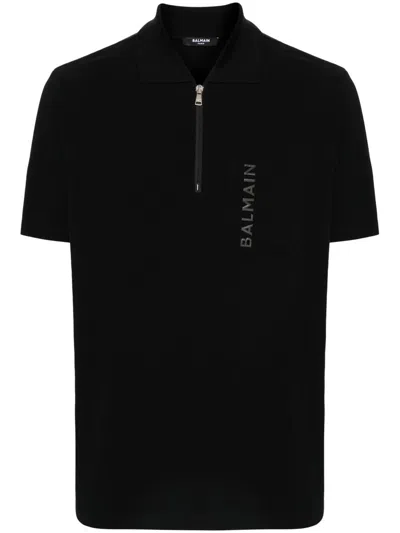 Balmain Laminato Logo-lettering Polo Shirt In Black