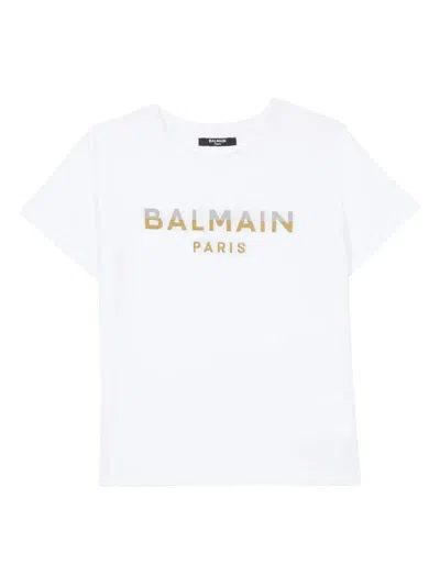Balmain Kids' Baby Logo Cotton T-shirt In Bianco/oro