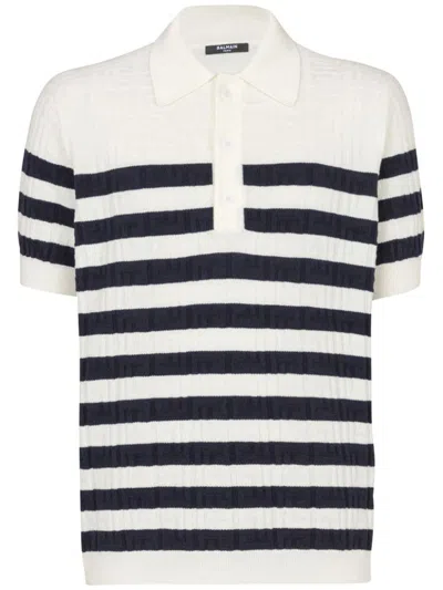 Balmain Striped Knit Polo Shirt With Monogram In Multi