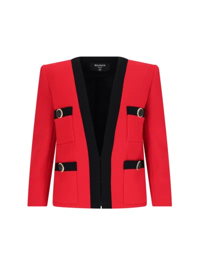 Balmain Tailored Blazer With Embellished Pocket Details In Red