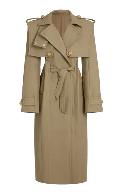 Balmain Trench Coat With Belted Waist And High Collar In Beige
