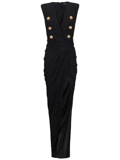 Balmain Tailored Crepe Long Dress In Black