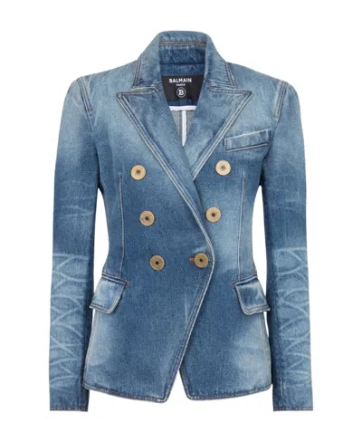 Balmain Long-sleeved Denim Coat In Blue