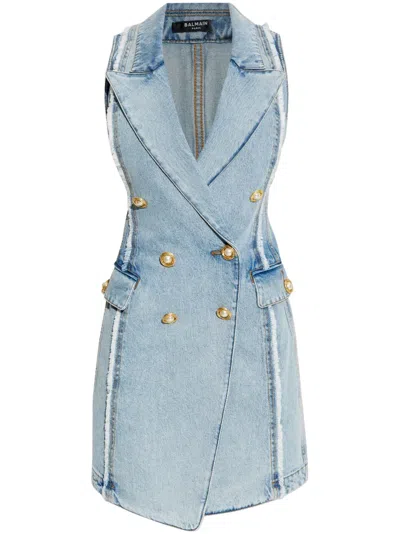 Balmain Tailored Denim Vest Dress In Blue