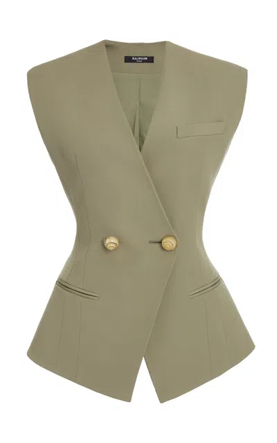 Balmain Tailored Grain Du Poudre Wool Vest In Green