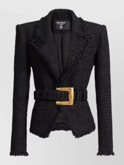 Balmain Tailored Jacket Belted Waist Gold Tone Buckle In Black