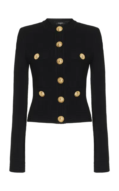Balmain Ribbed Texture Knit Cardigan With Gold Buttons In Black