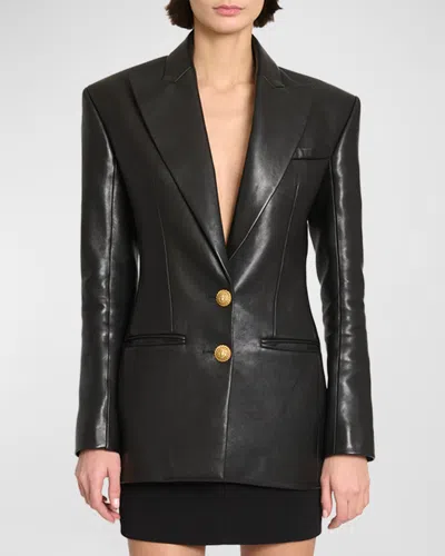Balmain Peak-lapel Leather Blazer In Black