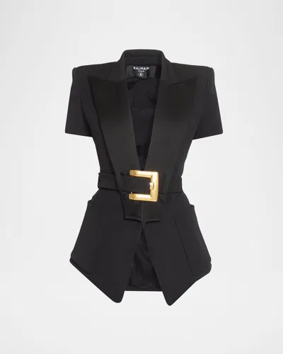 Balmain Tailored Short-sleeve Belted Blazer Jacket In Black