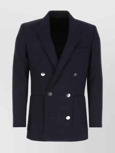 Balmain Tailored Wool Blazer With Back Slit And Padded Shoulders In Blue