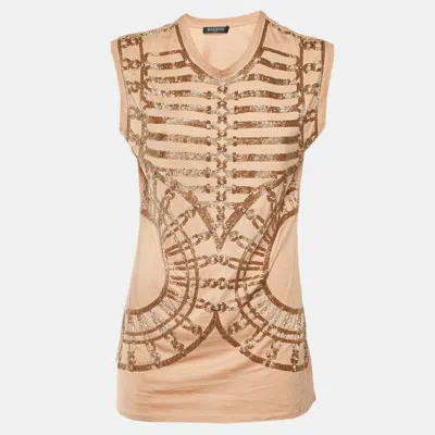 Pre-owned Balmain Tan Bead Embellished Jersey Sleeveless Top L In Brown