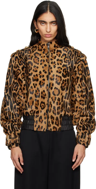 BALMAIN TAN PONYSKIN-STYLE LEATHER BOMBER JACKET