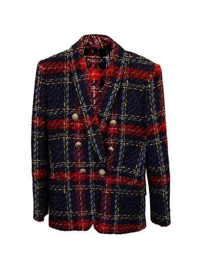 Pre-owned Balmain Tartan Double-breasted Blazer In Blue
