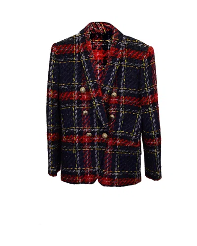 Balmain Tartan Double Breasted Blazer In Multicolor Tweed