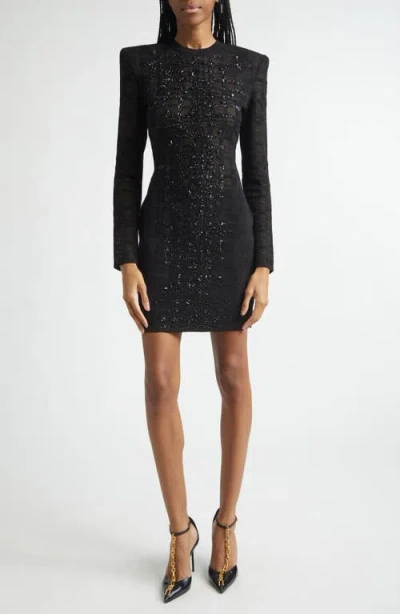 Balmain Tartan Tattoo Embellished Long Sleeve Minidress In Black