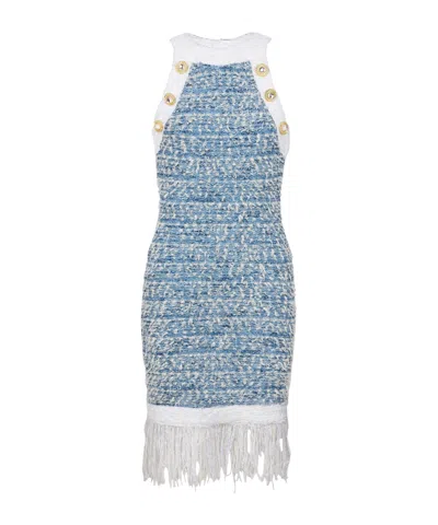 Balmain Fringed Denim Tweed Dress In Blue