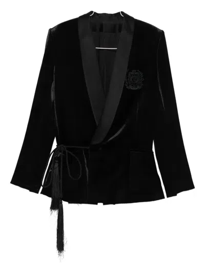Balmain Velvet And Satin Belted Jacket With Tassel In Black