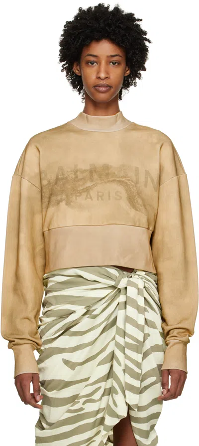 Balmain Logo-print Cropped Sweatshirt In Sable Taupe
